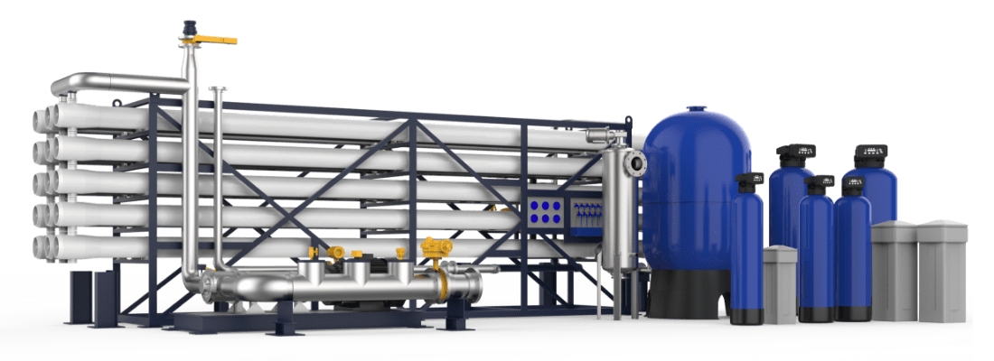Various water treatment equipment and accessories are displayed.