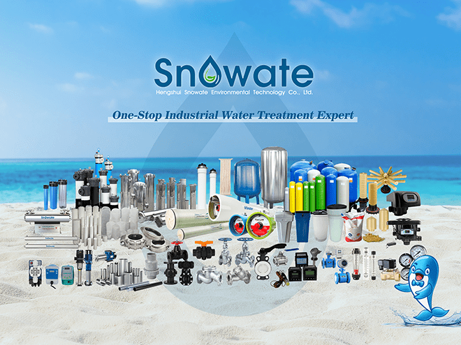 A series of our water treatment parts, including FRP tanks, membranes, housings and valves.