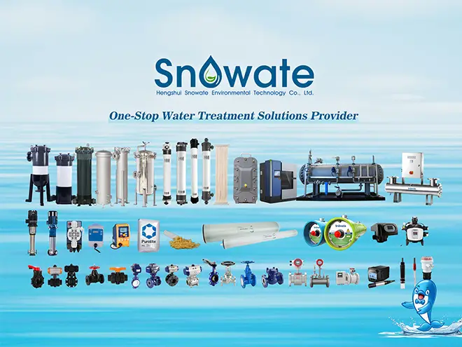 A series of our water treatment parts, including FRP tanks, membranes, housings and valves.