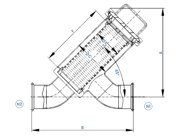 Annotated y-type filter housing drawing